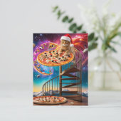 サンタおもしろいハットクリスマスピザ猫 ポストカード (スタンド正面)