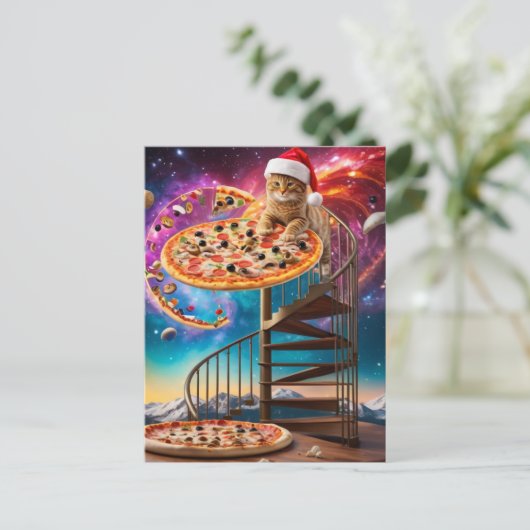 サンタおもしろいハットクリスマスピザ猫 ポストカード (スタンド正面)