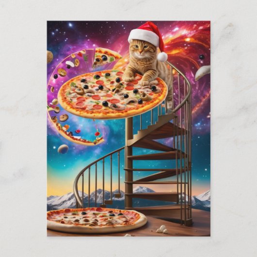 サンタおもしろいハットクリスマスピザ猫 ポストカード (正面)