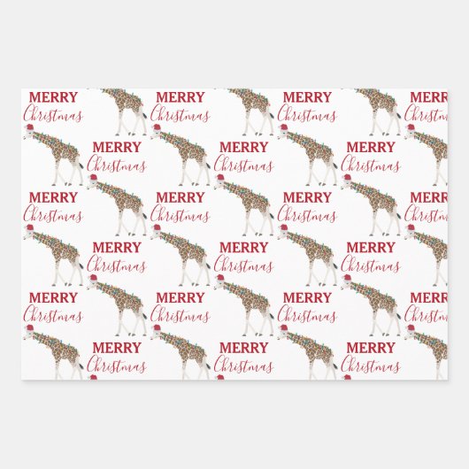サンタおもしろいハット付きクリスマスキリン動物 ラッピングペーパーシート (正面)