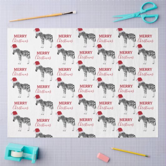 サンタおもしろいハット付きクリスマスゼブラ動物 薄葉紙 (クラフト)