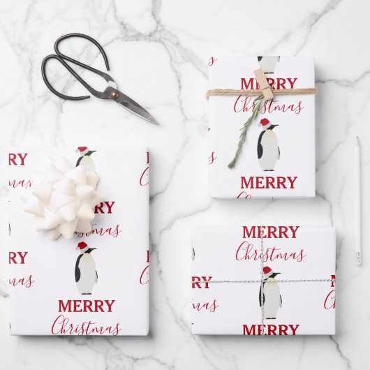 サンタおもしろいハット付きクリスマスペンギン動物 ラッピングペーパーシート (正面)