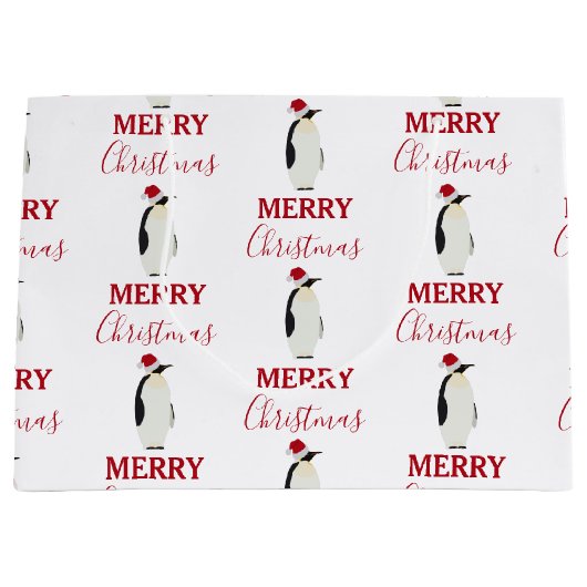サンタおもしろいハット付きクリスマスペンギン動物 ラージペーパーバッグ (正面)