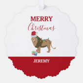 サンタおもしろいハット付きクリスマスリオン動物 オーナメントカード (正面)