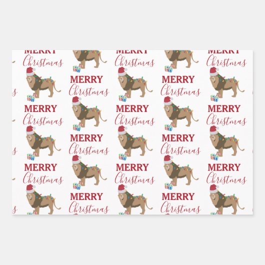 サンタおもしろいハット付きクリスマスリオン動物 ラッピングペーパーシート (正面)