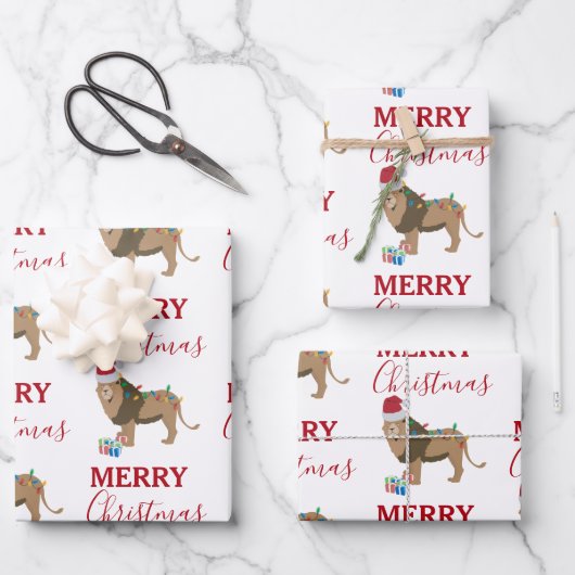 サンタおもしろいハット付きクリスマスリオン動物 ラッピングペーパーシート (正面)