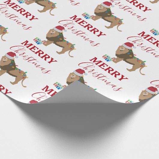 サンタおもしろいハット付きクリスマスリオン動物 ラッピングペーパー (角)