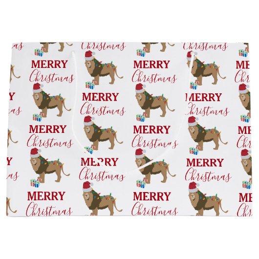 サンタおもしろいハット付きクリスマスリオン動物 ラージペーパーバッグ (正面)