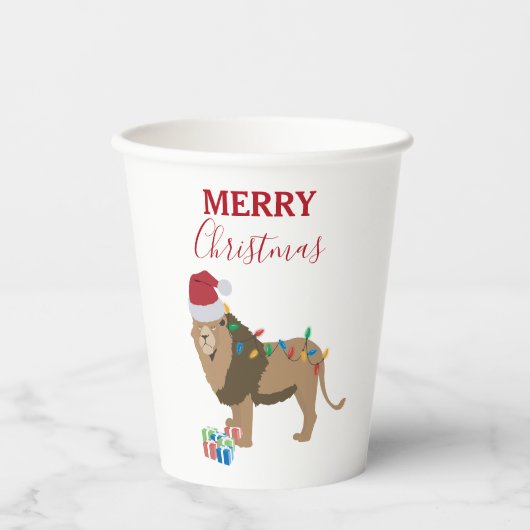 サンタおもしろいハット付きクリスマスリオン動物 紙コップ (正面)