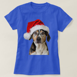 サンタおもしろいハットTシャツを着た犬のクリスマスクリスマス Tシャツ