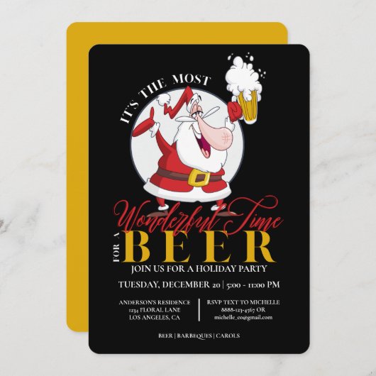 サンタおもしろいビアクリスマスホリデーパーティーの招待 招待状 (正面/裏面)