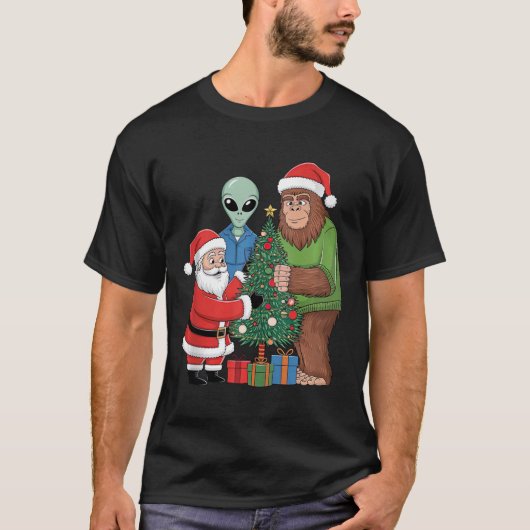 サンタおもしろいビッグフットエイリアン飾ズクリスマストル Tシャツ (正面)
