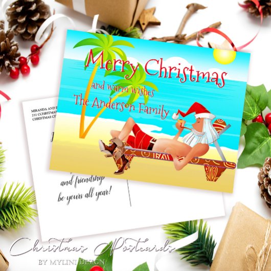 サンタおもしろいビーチクリスマス挨拶 ポストカード