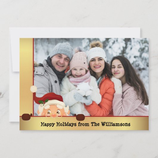 サンタおもしろいフォト爆弾金ゴールドフレームのクリスマスフォト シーズンカード (正面)