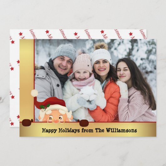 サンタおもしろいフォト爆弾金ゴールドフレームのクリスマスフォト シーズンカード (正面/裏面)