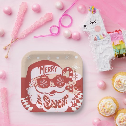 サンタおもしろいレトロレッドピンククリスマスパーティー ペーパープレート (パーティー)