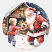 サンタおもしろいー雪玉が懐かしいクリスマスに戦う ラウンドシール (正面)