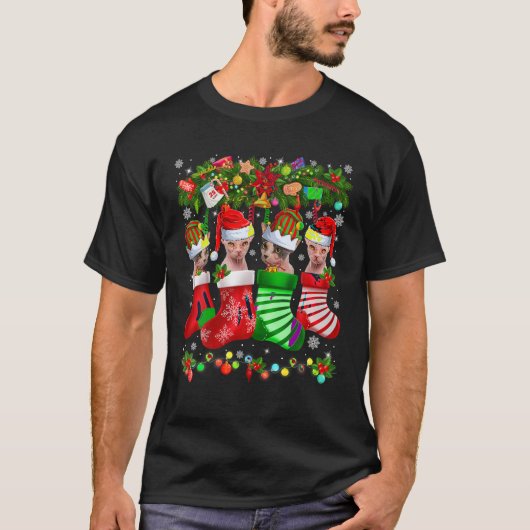 サンタおもしろい小妖精や小人スフィンクス靴下Xmaの猫 Tシャツ (正面)
