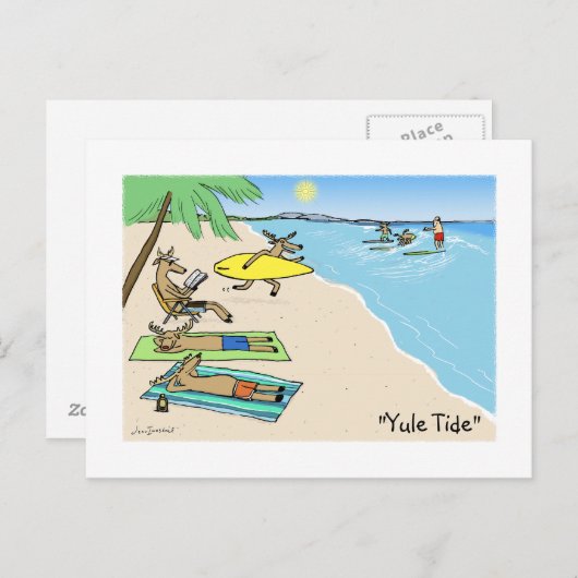 サンタおもしろい&トナカイサーフィンバケーションホリデー シーズンポストカード (正面/裏面)