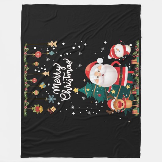 サンタおもしろい、雪だるま、トナカイのメリークリスマス フリースブランケット (正面)