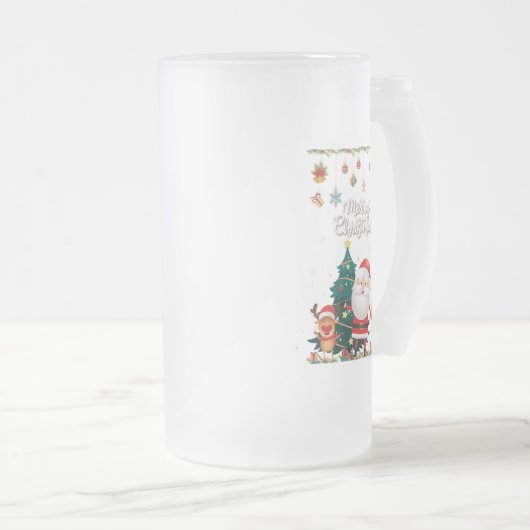 サンタおもしろい、雪だるま、トナカイのメリークリスマス フロストグラスビールジョッキ (正面右)