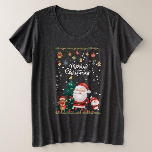 サンタおもしろい、雪だるま、トナカイのメリークリスマス プラスサイズTシャツ (デザイン正面)