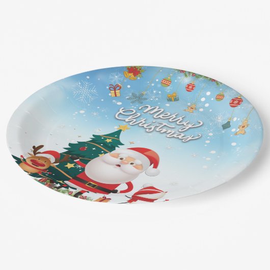 サンタおもしろい、雪だるま、トナカイのメリークリスマス ペーパープレート (アングル)