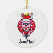 サンタおもちゃでバイクに乗るかわいいアキソロット セラミックオーナメント (正面)