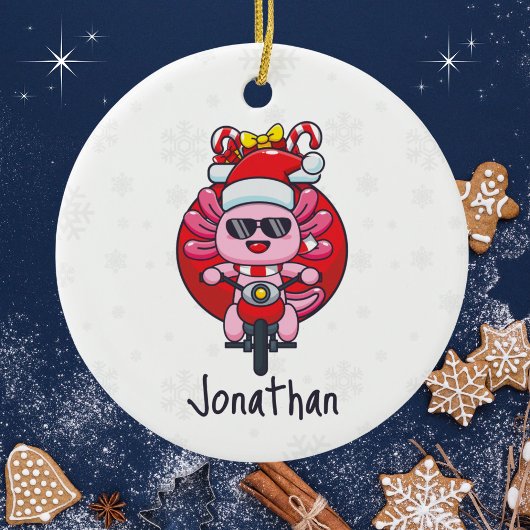 サンタおもちゃでバイクに乗るかわいいアキソロット セラミックオーナメント