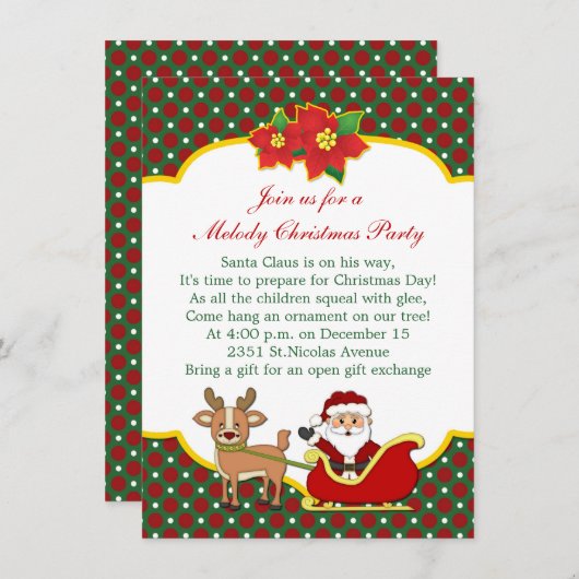 サンタおよびそりの子供のクリスマス・パーティ 招待状 (正面/裏面)