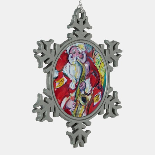 サンタおよびサクソフォーンのクリスマス・パーティ スノーフレークピューターオーナメント (左)