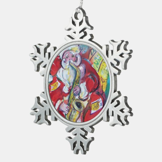 サンタおよびサクソフォーンのクリスマス・パーティ スノーフレークピューターオーナメント (右)