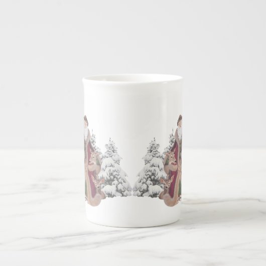 サンタおよびトナカイのヴィンテージの骨灰磁器 ボーンチャイナマグカップ (正面)