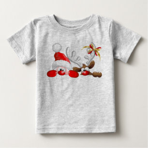 サンタおよびトナカイの漫画の乳児のおもしろいなTシャツ ベビーTシャツ