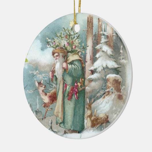 サンタおよび森林動物のヴィンテージのクリスマス セラミックオーナメント (左)
