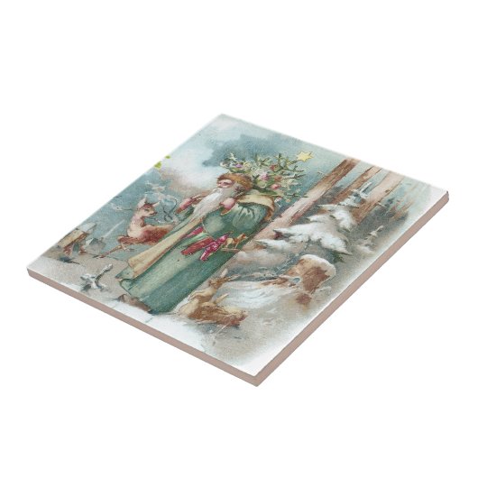 サンタおよび森林動物のヴィンテージのクリスマス タイル (側面)