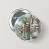サンタおよび森林動物のヴィンテージのクリスマス 缶バッジ (正面&裏面)