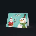 サンタおよび雪だるまが付いているクリスマスカード シーズンカード<br><div class="desc">サンタおよび雪だるまが付いているクリスマスカード。 ベクトル。 編集可能©および® Bigstock® -複製権所有。</div>