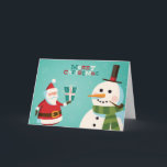 サンタおよび雪だるまが付いているクリスマスカード シーズンカード<br><div class="desc">サンタおよび雪だるまが付いているクリスマスカード。 ベクトル。 編集可能©および® Bigstock® -複製権所有。</div>