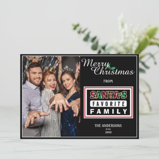 サンタお気に入りのズの家族の写真おもしろいクリスマス シーズンカード (スタンド正面)