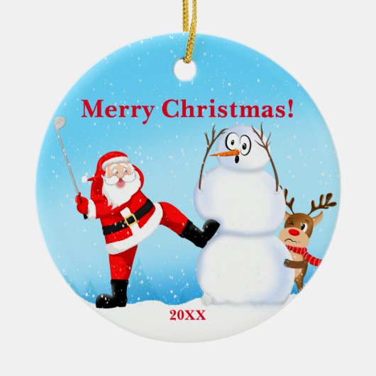サンタお洒落ズ遊ゴルフ、雪だるまとトナカイ セラミックオーナメント (正面)