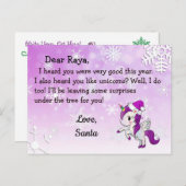 サンタからのポストカード: サンタ帽の紫色のユニコーン シーズンポストカード (正面/裏面)