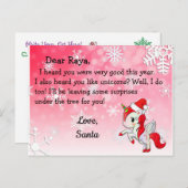 サンタからのポストカード:サンタ帽の赤いユニコーン シーズンポストカード (正面/裏面)