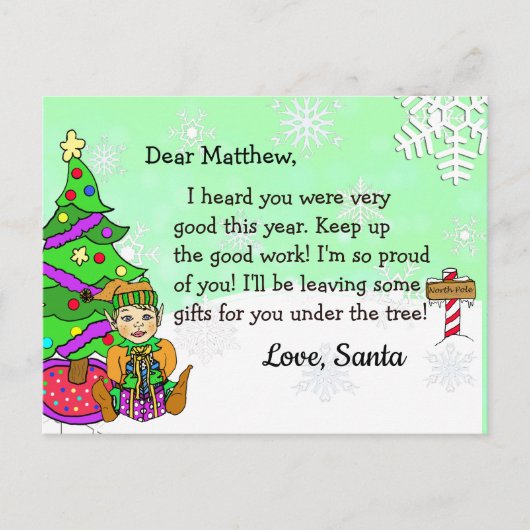 サンタからのポストカード: 金髪のホリデーエルフ シーズンポストカード (正面)
