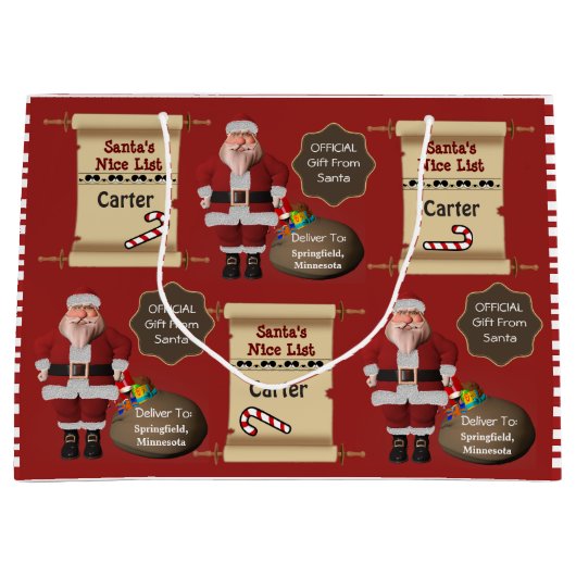 サンタからの正式な贈り物（名前と場所） ラージペーパーバッグ (正面)