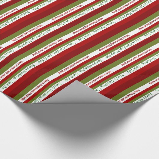 サンタからパーソナライズなクリスマスのストライプ ラッピングペーパー (角)