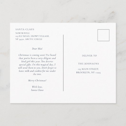 サンタから赤ちゃんブルーのクリスマスウィンターへの手紙 ポストカード (裏面)