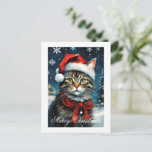 サンタかわいいネコ雪の冬のクリスマスホリデー シーズンポストカード (スタンド正面)
