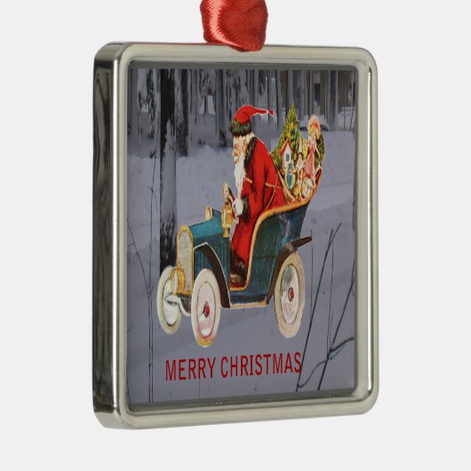 サンタがあなたの町のプレミアムSqオーナメントに運転している メタルオーナメント (右)
