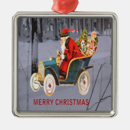 サンタがあなたの町のプレミアムSqオーナメントに運転している メタルオーナメント